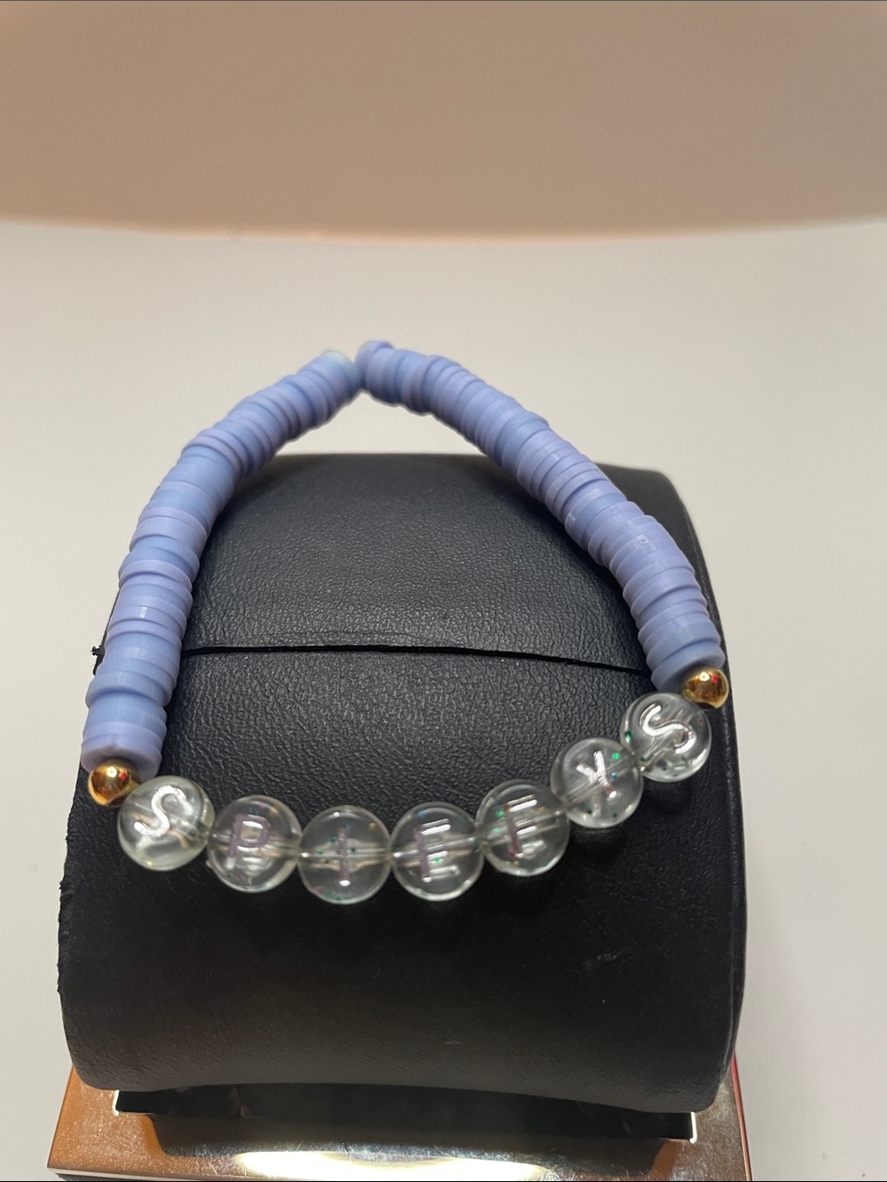 Blue Beaded Stretch Bracelet with Clear Letter Beads saying SPIFFYS